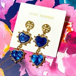 Tory Burch Gold with Blue Hearts Earrings